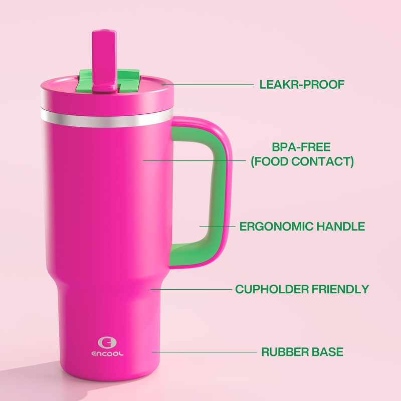 ENCOOL 32 oz Tumbler with Handle and Straw: Stainless Steel