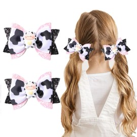 2PCS Cute Moo Cow Print Hair Bows,Pink Grosgrain Ribbon Alligator Clips for Teen Girls, Women, Toddlers, Kids' Birthday Party Decor Accessories Gift (B)