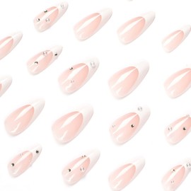 JUSTOTRY 24 Pcs Pearls Short False Nails Stiletto,Beige French Press on Nails Pattern,Diamante Fake Nails Short,Almond Stick on Nails for Women,Nails Fake Nail Medium for Nails Art