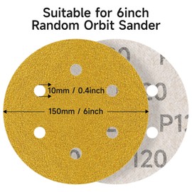 STEBRUAM 50pcs 150mm sanding discs,Sanding Discs Pads for Random Orbital Sander pads and All Oscillating Tools,Yellow sanding discs Hook and Loop 180 Grit 6 Hole 6 Inch Round