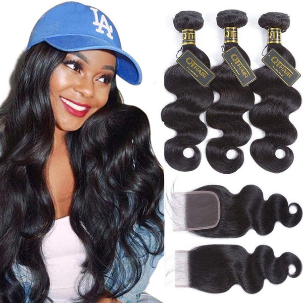 QTHAIR 12A Brazilian Body Wave 3 Bundles with Closure(20" 22" 24"+18") 100% Unprocessed Brazilian Virgin Body Wave Human Hair Weave with 4x4 Swiss Lace Closure(130% Density)
