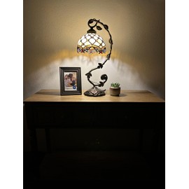 enjoy decor lamps Tiffany Table Lamp Beige Stained Glass Crystal Beans Iron Metal Leaves Bronze Base Included LED Bulb Vintage for Living Room Dining Room Bedroom Bedside Office Hotel H21
