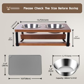 Qyapeixy Elevated Cat Bowls with Food Mat, 2 Stainless Steel Bowls for Food and Water, 15° Tilted Raised Cat Food Feeder for Indoor Cats and Puppy, Brown