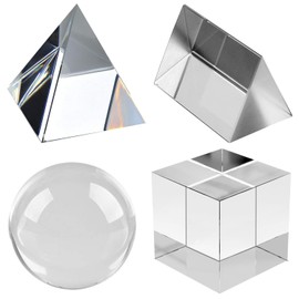 goldhik 4 Pack K9 Optical Crystal Photography Prism Set, Upgraded, Include 50mm Crystal Ball, Crystal Cube, Triangular Prism and Optical Pyramid for Teaching, Science, Playing, Photography