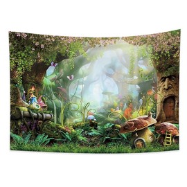 Haoyiyi 100x70cm Pilz Wald Wandteppich Elfen Häuschen Psychedelischer Wald Cartoon Wandbehang Blumen Zauberwald FrühlingsszeneWandteppich Abstrakt Wandkunst Spezielles Design für Schlafzimmerdekor