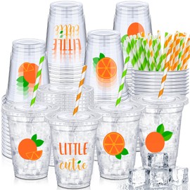 meekoo 100 Pack 12 oz Clear Disposable Little Cutie Baby Shower Cups Orange Party Disposable Plastic Cups with Paper Straws and Lids Orange Party Supplies for Birthday Baby Shower Drinkware Decoration