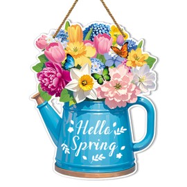 JUESMOS Hello Spring Sign Welcome Spring Decorations for Home 11.4" Flowers and Watering Can Spring Door Wreaths Sign Spring Hanging Sign for Front Door Spring Porch Home Wall Indoor Outdoor Decor