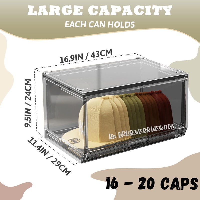 SCAVATA 2 Pack Large Hat Organizer Box, Stackable Clear Baseball