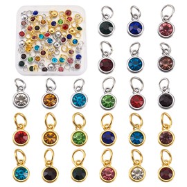 PandaHall 48pcs Flat Round Rhinestone Charms Pendant 24 Colors Gold & Silver Plated Birthstone Dangle Pendants for DIY Craft Necklace Bracelet Jewelry Making