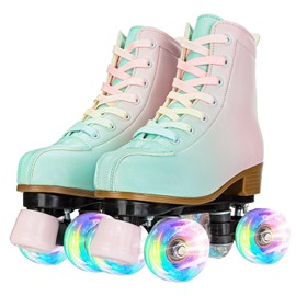 YYW Roller Skates for Girls and Women, Fantastic Gradient Pink and Green PU Leather Light Up Kids Youth Roller Skates, Indoor Outdoor Roller Skates Girls Ages 8-12 (33-Youth 2)
