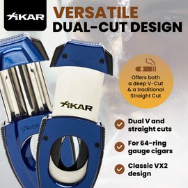 XIKAR Flip Dual Cigar Cutter - Versatile 64-Ring Gauge V-Cut & Straight Cut, Premium Stainless Steel Blades, Spring-Loaded Release, Built-in Cigar Rest, Textured Grip Cigar Snipper - Blue
