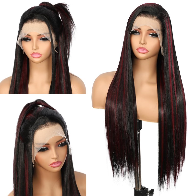 13X6 Black and Red Glueless Synthetic Lace Front Wig 26IN