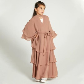 Kids Abayas Dress for Girls Muslim Dress with Hijab Eid Ramadan Chiffon Layered Open Abaya Dress Dubai Turkey Islamic Kaftan Robe Open Front Cardigan Dress Prayer Dress with Hijab Khaki 9-10 Years