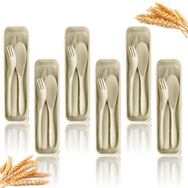 Homienly 6 Sets Wheat Straw Cutlery, Reusable Travel Utensils Set with Case, Wheat Straw Portable Knife Fork Spoons Cutlery Set, Spoon Fork Knife Tableware Set for Outdoor Office Picnic Camping(Beige)