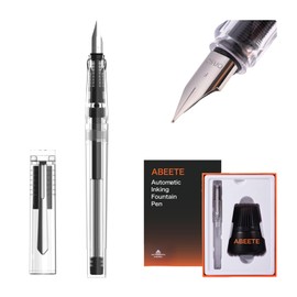 ABEETE Self-Inking Fountain Pen Set, Auto Ink Refill No Cartridges or Converter Needed, Includes Black Bottled Ink, Clear Barrel, Chrome Trim, Fine Nib-Smooth Writing, Journaling, Calligraphy