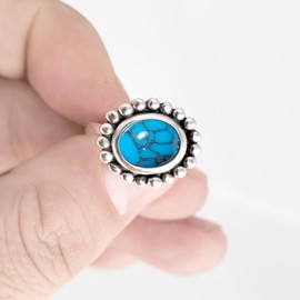 Retro Oval Blue Turquoise Stone Sunflower Ring,Vintage Antique Sterling Silver Natural Genuine Real Crystal Gemstone Statement Ring Jewelry Gift for Women Her (A06_Turquoise Stone, 9)