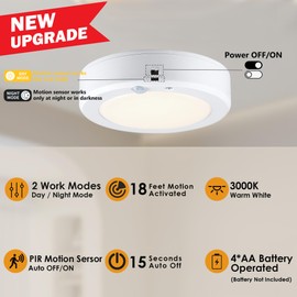 LIT-PaTH Battery Operated Motion Sensor LED Ceiling Light, 3000K 140 Lumens Battery Powered Closet Light, 6.1inch Wireless Motion Ceiling Lamp for Hallway Laundry Stair, 1-Pack (Battery Not Included)
