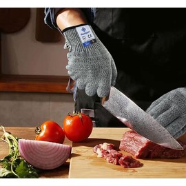 Numjot Cutting Gloves,2 Pairs Food Grade Level 5 Protection, Safety Kitchen Cut Gloves for Oyster Shucking, Fish Fillet Processing, Mandolin Slicing, Meat Cutting and Wood Carving(Gray-Large)