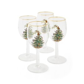 Spode Christmas Tree 13oz Wine Glasses, Set of 4 - Festive Holiday Drinkware with Gold-Rimmed Seasonal Designs, Ideal for Red or White Wine at Christmas Dinners and Family Gatherings