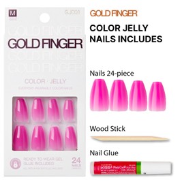 GoldFinger False Nails Kit, Jelly Color Ready to Wear Pink Fake Nails, Manicure Stick and Glue Included, Medium Length, Coffin Shape, Long-Lasting Hottest Trend Glue on Nails