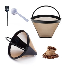 Janety Pack of 2 Coffee Filters, Reusable Coffee Filter, Coffee Filter Size 4, for 8-12 Cups of Coffee, with Spoon and Brush, Gold Tone Filter Coffee Permanent Filter