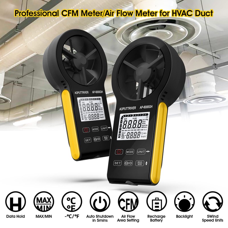 HVAC Anemometer Waterproof Rechargeable Anemometer with Touch-Screen, CFM Meter 0-999900