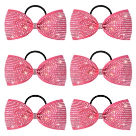 DEEKA 6 PCS Pink Glitter Tailless Cheer Bows 5" Rhinestones Competition Hair Bow Elastic Band for Cheerleading Cheerleaders Girls (Glitter Pink)