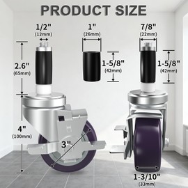OK5STAR 3 Inch Expanding Stem Caster Wheels Set of 4 for Table Legs, Stainless Table Casters All with Brake Fit 7/8",1" and 1-1/8" Inner Diameter Tube Leg Adapter Caster