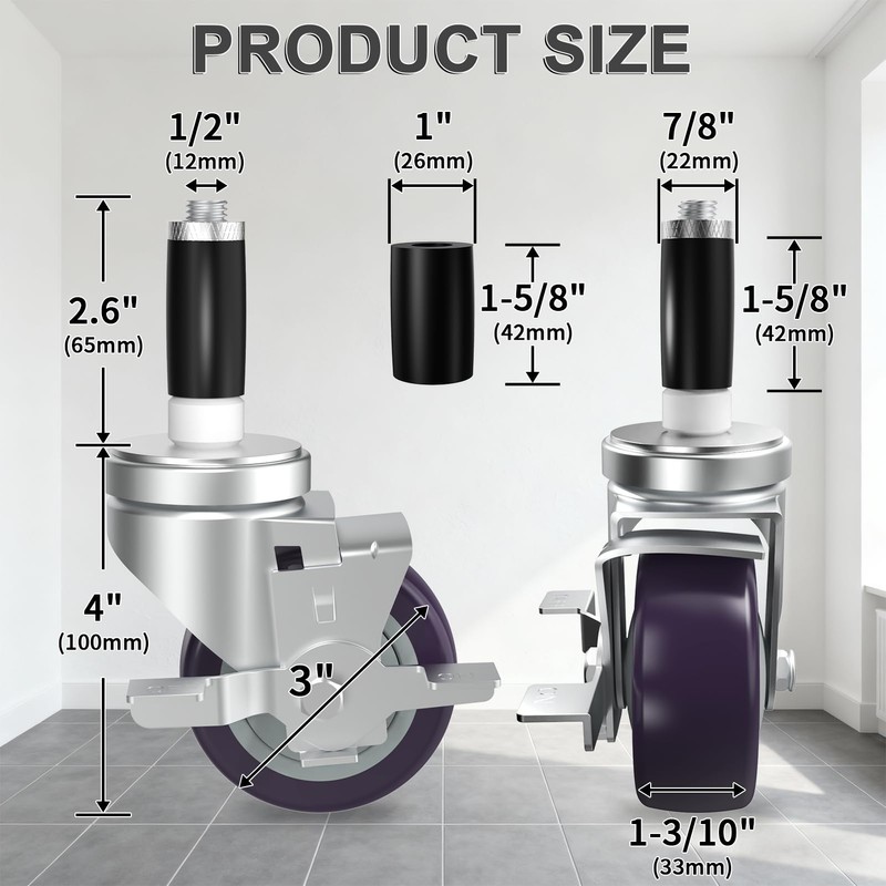 OK5STAR 3 Inch Expanding Stem Caster Wheels Set of 4