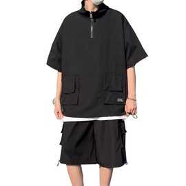 FJLTDCP Men's Summer Short Sleeve Top and Bottom Set, Sweatshirt, Room Wear, Summer, Work Wear, Large Size, Loose, Comfortable, T11# Black