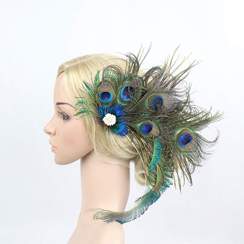 Frcolor 1920 Peacock Feather Hair Clip Gatsby Flapper Peacock Feather