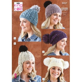 King Cole 5037 Knitting Pattern Womens Hats in King Cole Merino Blend Aran and Fashion Aran