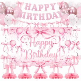 Pink Bow Birthday Party Decorations Coquette Birthday Decorations Includes Backdrop Soccer Honeycomb Centerpiece Hanging Balloons Banner for Girls Women Party Supplies