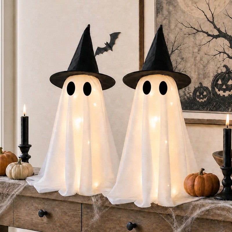 LED Witch Hat Ghost Figurines for Halloween Decor – 2-Piece