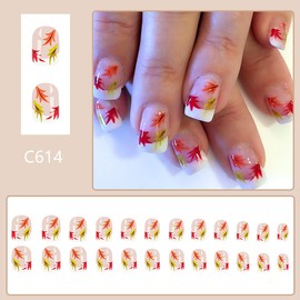 Fall Press on Nails French Tip Short Square Fake Nails Nude Pink Acrylic Nails Maple Leaf Designs Full Cover Glue on Nails Autumn False Nails Artificial Thanksgiving Nails for Women Manicure 24Pcs