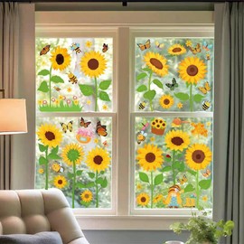 DWUENT Flower Window Stickers, Window Stickers for Glass, Windows Sticker, 8pcs Sunflower Clings, PVC Floral Decals for Spring Summer Home Decor (30x22cm)