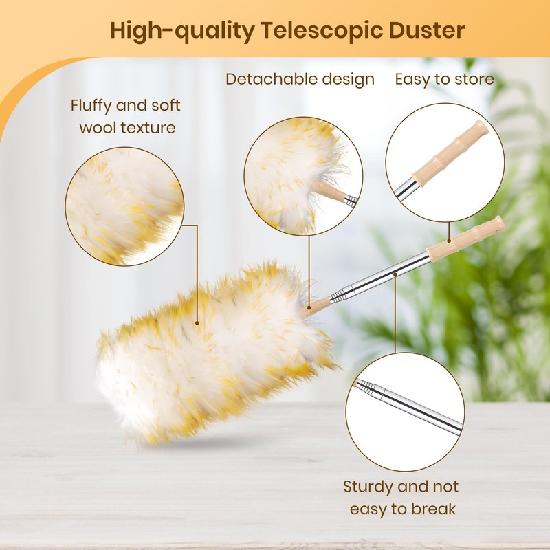 Extendable Feather Duster, 130cm Lambswool Duster for Cleaning Extendable and
