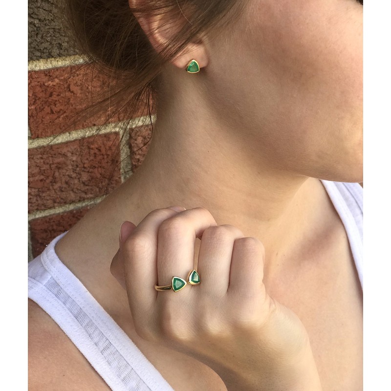 Pink Quartz triangle stud earrings, everyday earrings, Vermeil Gold bezel