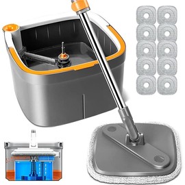 TikStar Spin Mop Bucket Set with Self-Separating Dirty & Clean Water System, Self-Drying 360° Spin Square Mop Head for Hardwood Tile Marble Floors - Quantity: Spin Mop Bucket 10 Pcs