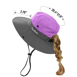 ZEXIAN 5-12Y Kids Girls Ponytail Summer Sun Hat Wide Brim UV Protection Bucket Beach Cap (Purple＆Sky Blue)