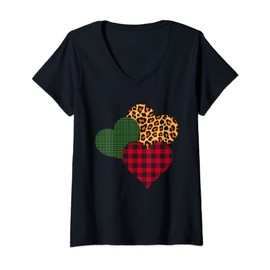 Womens Plaid Hearts, Vintage Leopard Print Tee for Valentine's Day V-Neck T-Shirt