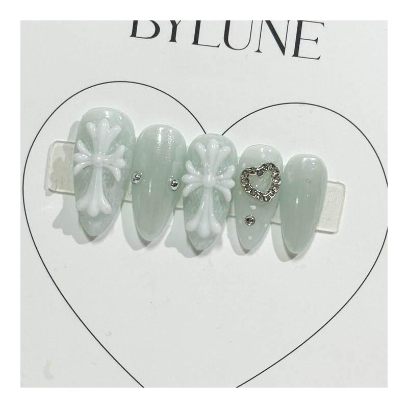 Mint Cross Handmade Nail Tips Nail Tips - Short Oval