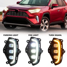 Turvysen LED Daytime Running Lights Compatible with Toyota RAV4 2019-2024, Fog Lights Kit RAV4 Fog Lights Assembly Replace Amber Turn Signal Lamps, 3 Eyes RAV4 DRL Daylights with Bezel, 1 Pair