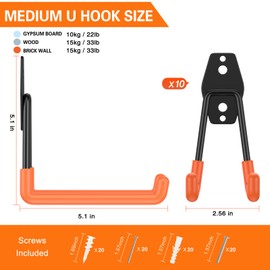 HUPBIPY Heavy Duty Garage Hooks 10 Pack, 5.1 inch Medium U Shaped Hanger, Wall Mounted Storage System, Power and Garden Tool Organizer, for Hanging Ladders, Hose, Bulk Items and More