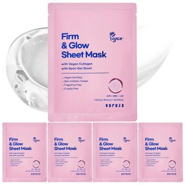 varuza Firm & Glow Sheet Mask with Vegan Collagen Semi-Gel Sheet Biodegradable 100% Cellulose for Anti-Aging Hydration Elasticity Peptide Complex-9 Niacinamide 5 Count