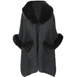 Iristide Women Poncho with Pocket Warm Cashmere Cardigan Cape with Rabbit Fur (P-Black)