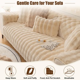Royhom Thick Rabbit Plush Sofa Cover 1 2 3 4 Seater, Non Slip Sofa Covers L Shape, Soft Warm Sofa Slipcover, Corner Couch Covers for Sectional Sofa (Light Khaki, Armrest or Backrest, 70x70cm)