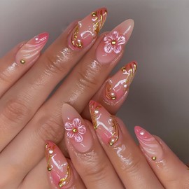 Autumn Flower Press on Nails Medium Almond Fake Nails with Gem Rhinestones Design Gold Line Glue on Nail Nude Pink Acrylic Nails Full Cover Ripple False Nail for Women Manicure Decorations 24Pcs