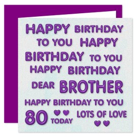 Brother 80th Happy Birthday Card - Happy Birthday To You Dear Brother - Perfect Purple Design - 80 Today