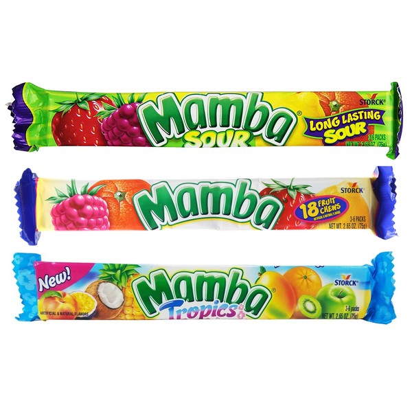 German Mamba 3 Flavor Chewy Candy Tropical Fruit, Fruit, Sour Fruit Chews 2.80oz From Germany